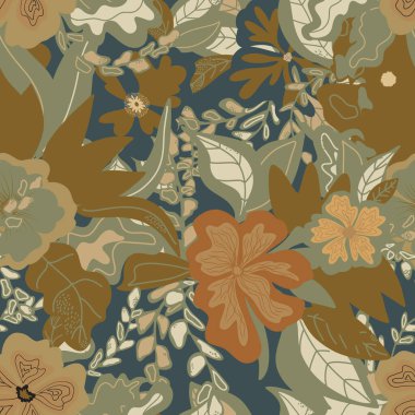 Düzleştirilmiş çiçekler düz stil el çizimi vektör pürüzsüz desen. Retro biçimi