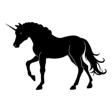 Siyah siluet tek boynuzlu at efsanevi at peri masalı karakter vektör elementi
