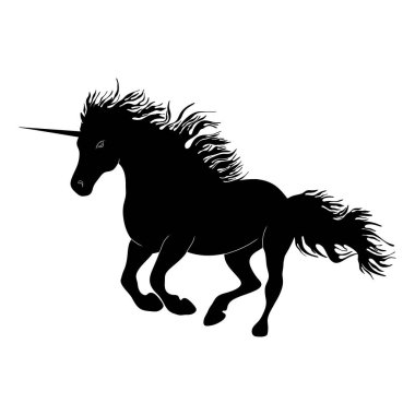 Siyah siluet tek boynuzlu at efsanevi at peri masalı karakter vektör elementi