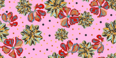 Canlı Sulu ve Soyut Çiçek desenli Polka Noktalı Renkli Botanik Tasarımı