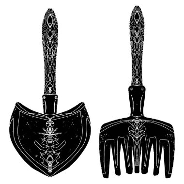 Kürek ve tırmık. Linocut biçim element dokusu yüzey vektörü