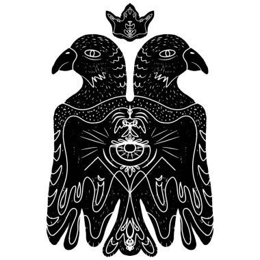 Tacın içinde iki başlı kuş ve mistik bir fantezi gözü var. Linocut biçim element dokusu yüzey vektörü