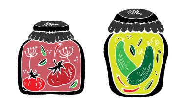 Jars of cucumbers and tomatoes. Linocut style element texture surface vector clipart