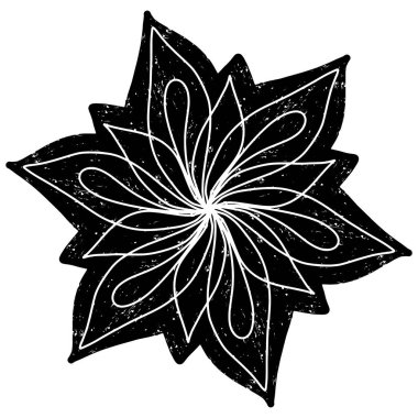 Grunge linocut stiline sahip soyut siyah spiral tasarım. Radyal simetri hipnotik ve dinamik bir görsel etki yaratır. Özgeçmiş, baskı veya modern sanat projeleri için ideal.