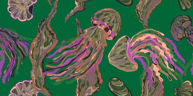 Soyut fantezi denizanası ve deniz yosunu çeşitlendirilmiş tropikal yaz motifleri kusursuz çakışan uyum modelleri