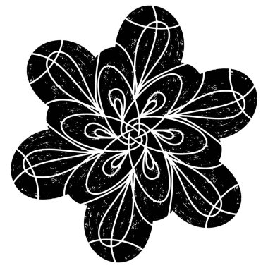 Grunge linocut stiline sahip soyut siyah spiral tasarım. Radyal simetri hipnotik ve dinamik bir görsel etki yaratır. Özgeçmiş, baskı veya modern sanat projeleri için ideal.