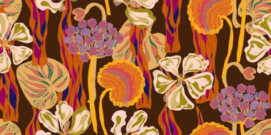 Botanik bahçesi çiçekli vektörsüz desenli fantezi bitkilerin uyumu