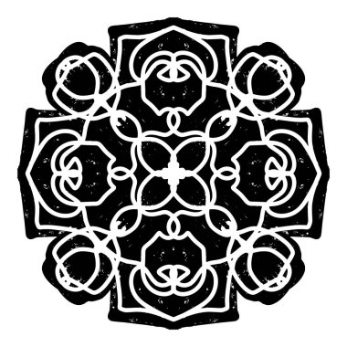 Mandala boyalı cam linocut stilinde siyah simetrik bir element. vektör ögesi