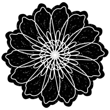 Grunge linocut stiline sahip soyut siyah spiral tasarım. Radyal simetri hipnotik ve dinamik bir görsel etki yaratır. Özgeçmiş, baskı veya modern sanat projeleri için ideal.