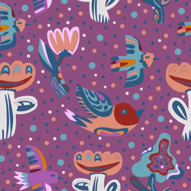 Çiçekler ve kuşlar, halk sanatı elementlerini biçimlendirirdi. Vektörler kusursuz örtüşürler.