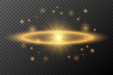 Işık efekti. Altın izole patlama. Parlak toz çizgisi. Güneş patlaması.