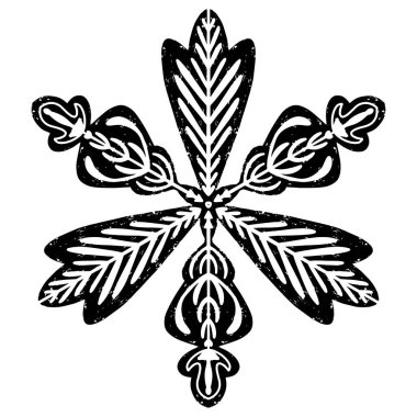 Linocut tarzında açık iş kar taneleri, dantel halk motifleri İskandinav tarzı, vektör izole öge