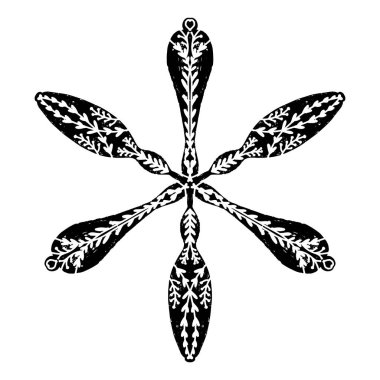 Linocut tarzında açık iş kar taneleri, dantel halk motifleri İskandinav tarzı, vektör izole öge