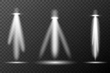 Spotlight beyaz ışık efekti, bir lambadan veya spot ışığından gelen ışık, aydınlatılmış sahne, spot ışıkları altında podyum, vektör elementleri ayarlandı