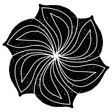 Grunge linocut stiline sahip soyut siyah spiral tasarım. Radyal simetri hipnotik ve dinamik bir görsel etki yaratır. Özgeçmiş, baskı veya modern sanat projeleri için ideal.