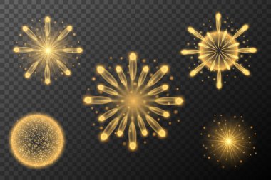 Altın havai fişek patlaması. Tatil dekorasyonu. Altın ışık efekti. Ögelerin vektör kümesi
