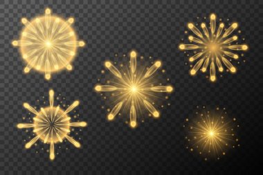 Altın havai fişek patlaması. Tatil dekorasyonu. Altın ışık efekti. Ögelerin vektör kümesi