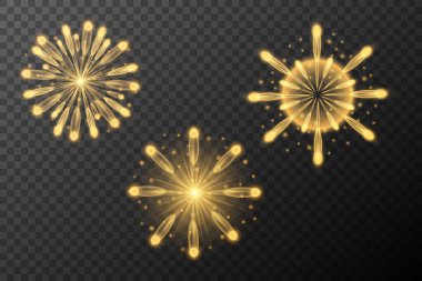 Altın havai fişek patlaması. Tatil dekorasyonu. Altın ışık efekti. Ögelerin vektör kümesi