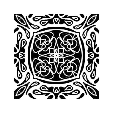 Soyut simetrik desen, fayans, linocut stili etnik süs, grunge deseni. Vektör siyah ögesi