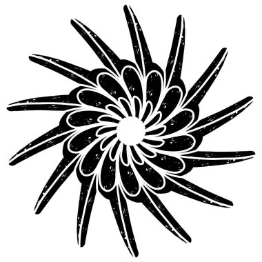 Grunge linocut stiline sahip soyut siyah spiral tasarım. Radyal simetri hipnotik ve dinamik bir görsel etki yaratır. Özgeçmiş, baskı veya modern sanat projeleri için ideal.