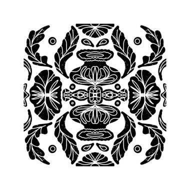 Karmaşık siyah desenli, simetrik süs desenli linocut tarzında. Grunge desenli fayans şekli. vektör ögesi