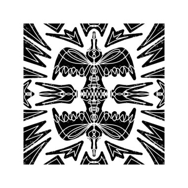 Karmaşık siyah desenli, simetrik süs desenli linocut tarzında. Grunge desenli fayans şekli. vektör ögesi