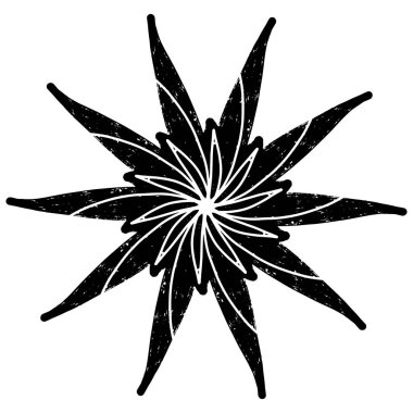 Grunge linocut stiline sahip soyut siyah spiral tasarım. Radyal simetri hipnotik ve dinamik bir görsel etki yaratır. Özgeçmiş, baskı veya modern sanat projeleri için ideal.