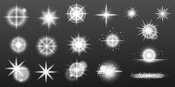 Light white effect: isolated flare, tire explosion, dust line, sun flare, star spark, sunlight, vector set