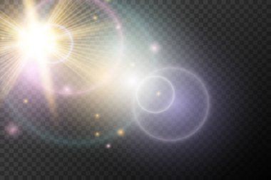İşaret fişeği ve şeffaf bir arkaplanda parlayan ışık efekti. Sihirli parıltı, parlayan ışık, yıldız, tasarım için optik parlamalar, fotomontaj, yeni yıl ve festival projeleri.