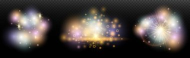 Şeffaf bir arkaplanda parlayan ve parlayan bir ışık efekti. Sihir, gökkuşağı parıltısı, parlayan ışık, yıldızlar, tasarım için optik alevler, fotomontaj, yeni yıl ve tatil projeleri.
