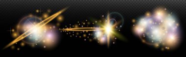 Şeffaf bir arkaplanda parlayan ve parlayan bir ışık efekti. Sihir, gökkuşağı parıltısı, parlayan ışık, yıldızlar, tasarım için optik alevler, fotomontaj, yeni yıl ve tatil projeleri.