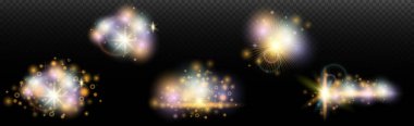 Şeffaf bir arkaplanda parlayan ve parlayan bir ışık efekti. Sihir, gökkuşağı parıltısı, parlayan ışık, yıldızlar, tasarım için optik alevler, fotomontaj, yeni yıl ve tatil projeleri.