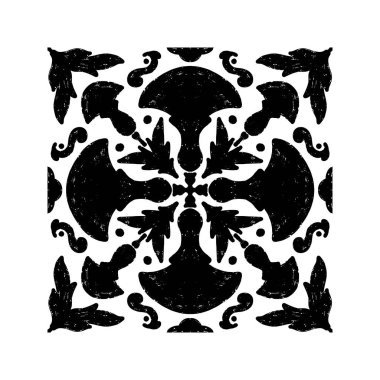 Karmaşık siyah desenli, simetrik süs desenli linocut tarzında. Grunge desenli fayans şekli. vektör ögesi