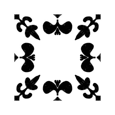 Karmaşık siyah desenli, simetrik süs desenli linocut tarzında. Grunge desenli fayans şekli. vektör ögesi