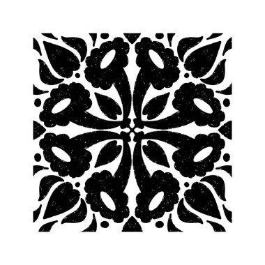Karmaşık siyah desenli, simetrik süs desenli linocut tarzında. Grunge desenli fayans şekli. vektör ögesi