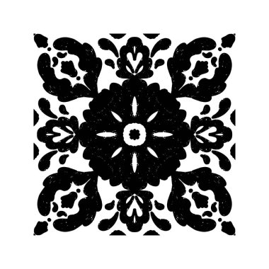 Karmaşık siyah desenli, simetrik süs desenli linocut tarzında. Grunge desenli fayans şekli. vektör ögesi