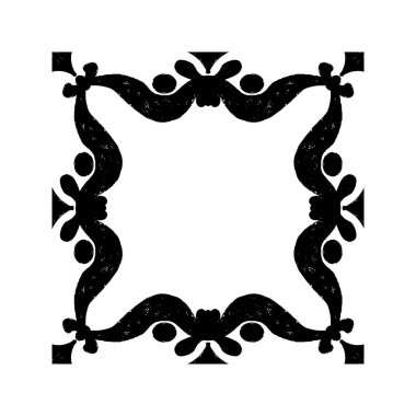 Karmaşık siyah desenli, simetrik süs desenli linocut tarzında. Grunge desenli fayans şekli. vektör ögesi