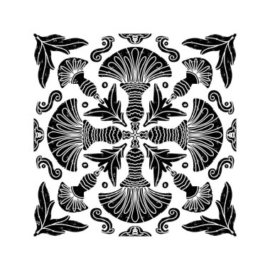 Karmaşık siyah desenli, simetrik süs desenli linocut tarzında. Grunge desenli fayans şekli. vektör ögesi