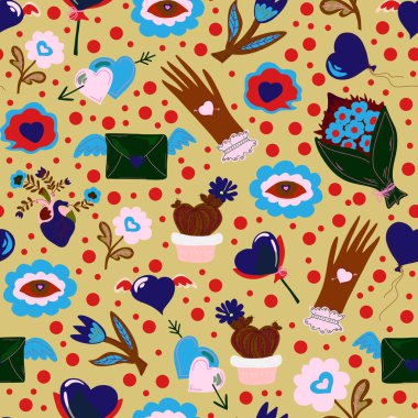 Kalpleri, çiçekleri, kaktüsleri, balonları ve zarfları olan kusursuz romantik bir şablon. Samimi Sevgililer Günü tasarımı. Hediyeler, kartlar ve dekorasyonlar için mükemmel..