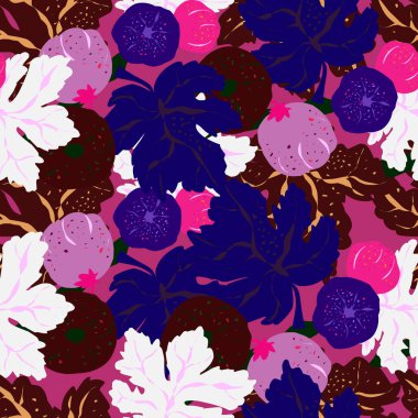 İncir dalları, stilize yapraklar ve meyveler içeren pürüzsüz desenler. Zarif botanik süsü ve sanatsal detaylar. Tekstil, ambalaj, duvar kağıdı ve tasarım projeleri için mükemmel..