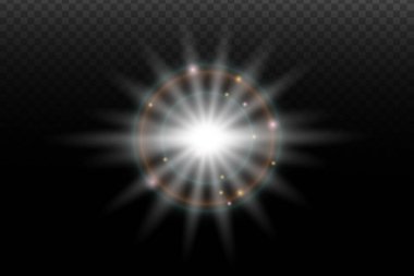 İşaret fişeği ve şeffaf bir arkaplanda parlayan ışık efekti. Sihirli parıltı, parlayan ışık, yıldız, tasarım için optik parlamalar, fotomontaj, yeni yıl ve festival projeleri.