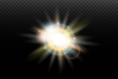 İşaret fişeği ve şeffaf bir arkaplanda parlayan ışık efekti. Sihirli parıltı, parlayan ışık, yıldız, tasarım için optik parlamalar, fotomontaj, yeni yıl ve festival projeleri.