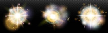 Şeffaf bir arkaplanda parlayan ve parlayan bir ışık efekti. Sihir, gökkuşağı parıltısı, parlayan ışık, yıldızlar, tasarım için optik alevler, fotomontaj, yeni yıl ve tatil projeleri.