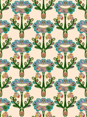 Dekoratif çiçekler ve folklorik sanat tarzında yapraklarla kusursuz çiçek deseni. Geleneksel motiflerden esinlenilmiş klasik süsleme baskısı. Tekstil, duvar kâğıtları ve kırtasiye malzemeleri için mükemmel..