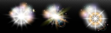 Şeffaf bir arkaplanda parlayan ve parlayan bir ışık efekti. Sihir, gökkuşağı parıltısı, parlayan ışık, yıldızlar, tasarım için optik alevler, fotomontaj, yeni yıl ve tatil projeleri.