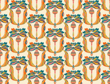 Knapweed. Dekoratif çiçekler ve folklorik sanat tarzında yapraklarla kusursuz çiçek deseni. Geleneksel motiflerden esinlenilmiş klasik süsleme baskısı. Tekstil, duvar kağıdı ve kırtasiye için ideal.