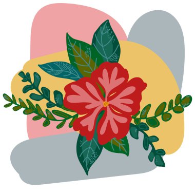 Soyut bir arka planda çiçek ve yeşil yapraklı parlak çiçek kompozisyonu. Tasarım, kartpostallar, ambalaj, tekstil ve dekor için dijital illüstrasyon.