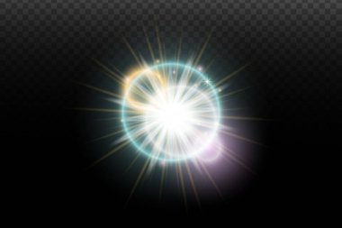 İşaret fişeği ve şeffaf bir arkaplanda parlayan ışık efekti. Sihirli parıltı, parlayan ışık, yıldız, tasarım için optik parlamalar, fotomontaj, yeni yıl ve festival projeleri.