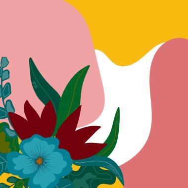 Parlak çiçekli ve soyut arkaplanda yeşil yapraklı şık bir çiçek kompozisyonu. Tasarım, kart ve dekor için modern dijital illüstrasyon.