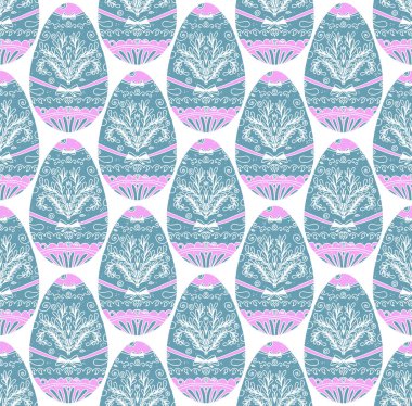 Zarif tasarımlar ve süslemelerle süslenmiş dekoratif yumurtalarla kusursuz Paskalya deseni. Tatil kartları, ambalajlar, tekstil ve dekor için mükemmel..